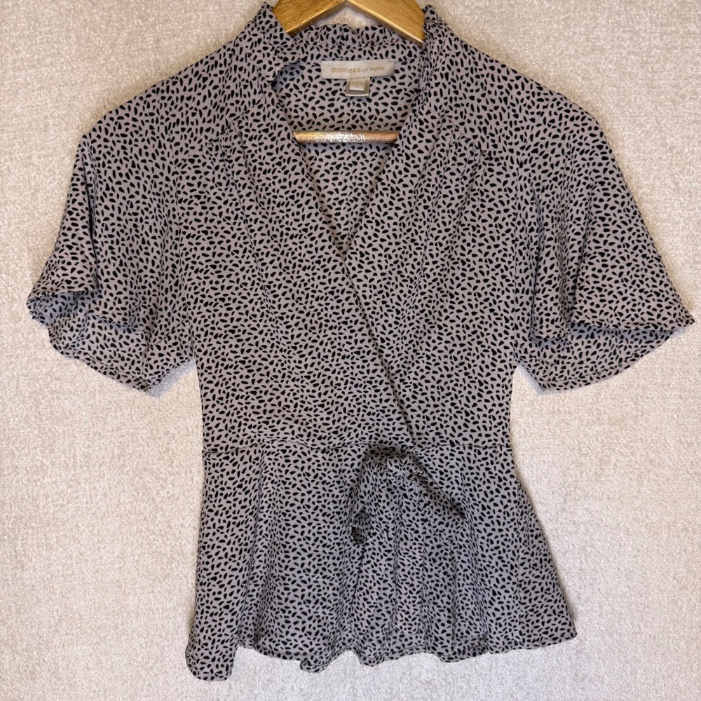 Monteau Los Angeles Women's Small Black White Wrap Peplum Blouse Tie Front